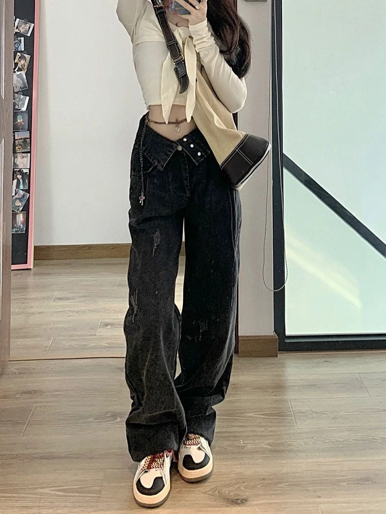 

Black Gothic Street Women's Jeans Fall New Y2K Harajuku Street Retro High Waisted Casual Jeans Women Loosely Slim Pants 2023 New