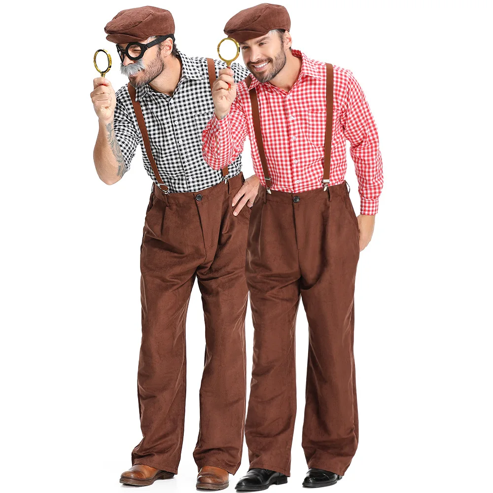 Umorden Adult Men's Grandpa Old Man Costume Simple Set Trousers With Suspenders Red Black Plaid Shirt Hat Mustache Glasses