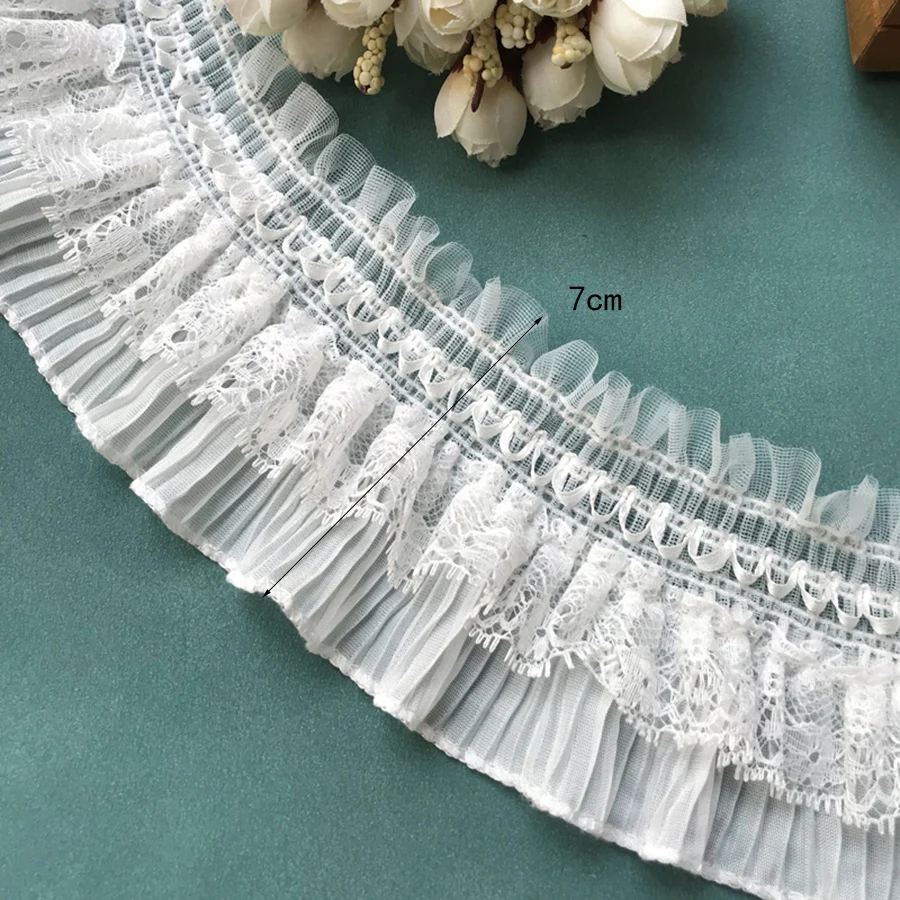 Flods Lace Trims Fabric Applique Ruffle Dresses DIY Sewing Supplies Craft 1Yard 7CM Wide