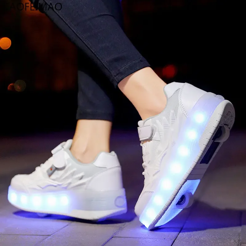 

Children Two Wheels Luminous Glowing Sneakers Black Pink Led Light Roller Skate Shoes Kids Led Shoes Boys Girls USB Charging