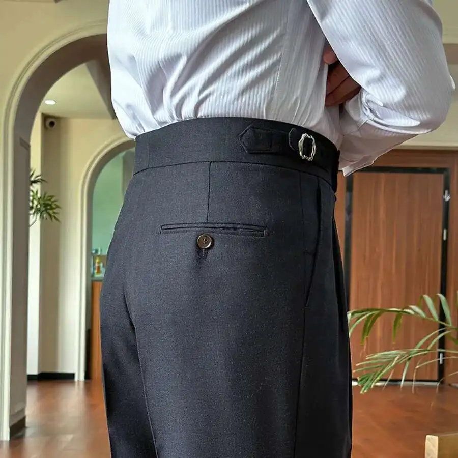 Italian Style Naples Hanging High Waisted Straight Leg Trousers For Business Pant For Trendy Dress Pant Men Social Trouser