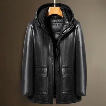 Men's Genuine Leather Jacket Hooded Down Jacket Coat Man Sheepskin Coat Windbreaker Male Winter Puffer Jacket Men Duck Down Coat