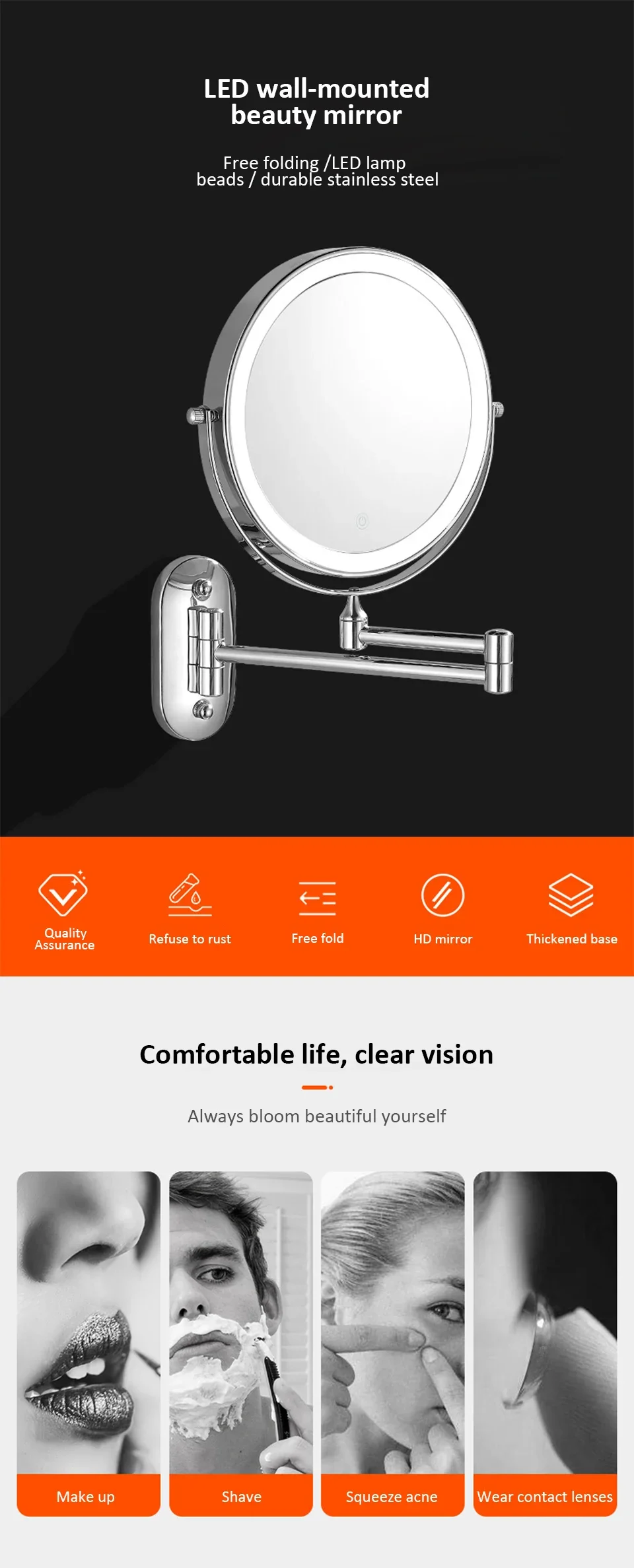 8-Inch Wall-Mounted Fill Light Makeup Double-Sided Bathroom Mirror With LED Color Temperature Control 3X/5X/7X/10X Magnified