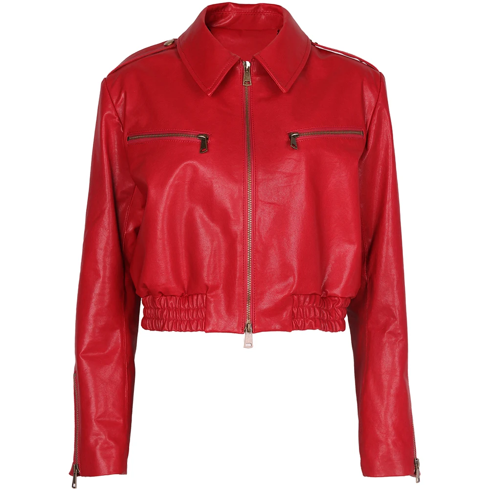 YOLOAgain2023AutumnVintageRedGenuineLeatherJacketWomen