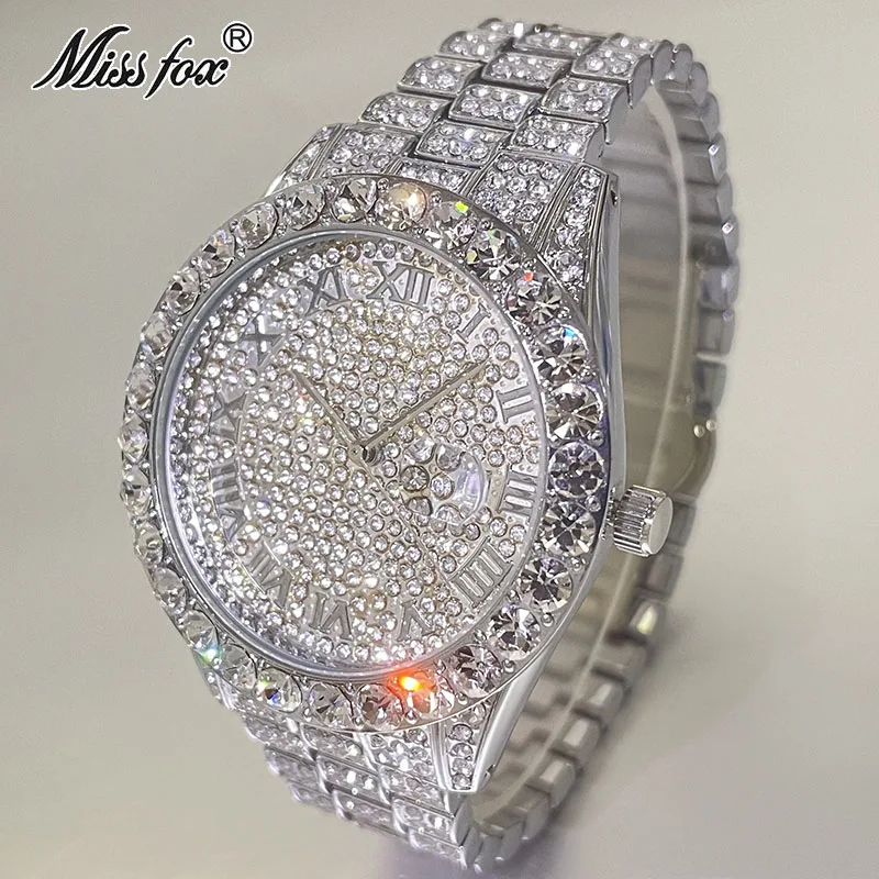 

Fashion Mens Watches Brand MISSFOX Luxury Roman Iced Out Wristwatch Male Automatic Date Hip Hop Big Diamond Watches Reloj Hombre