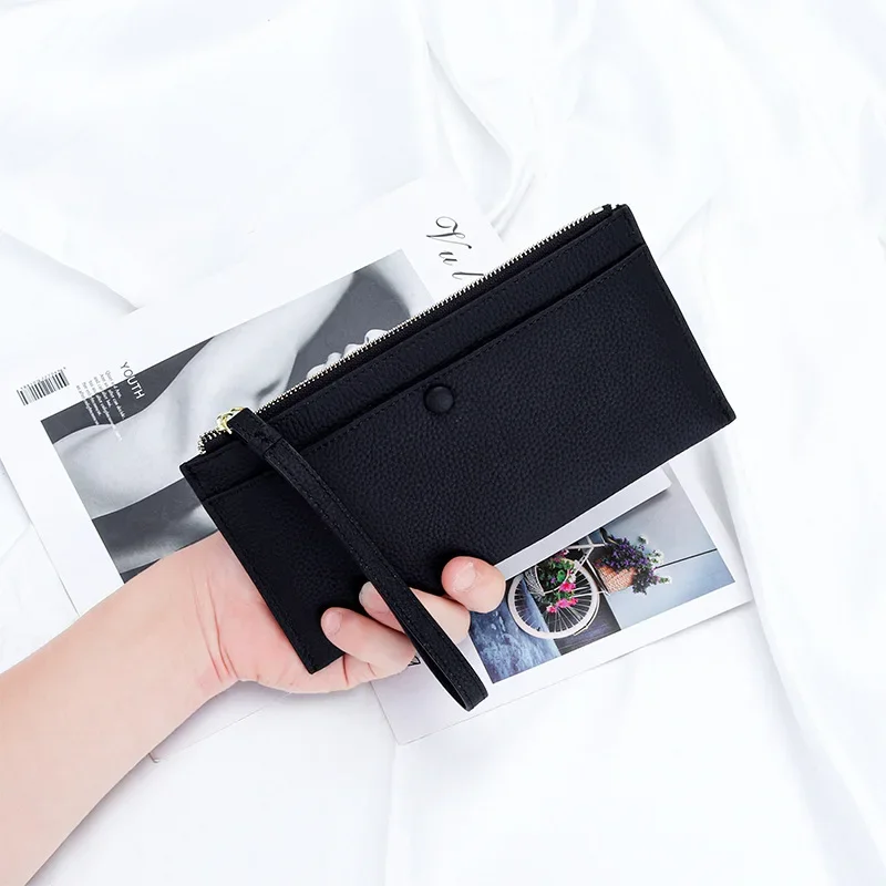 Genuine Leather Women Long Wallet Fashion Brand Design Card Holder Clutch Bag Zipper Wrist Strap Phone Bag Slim Cowhide Purse