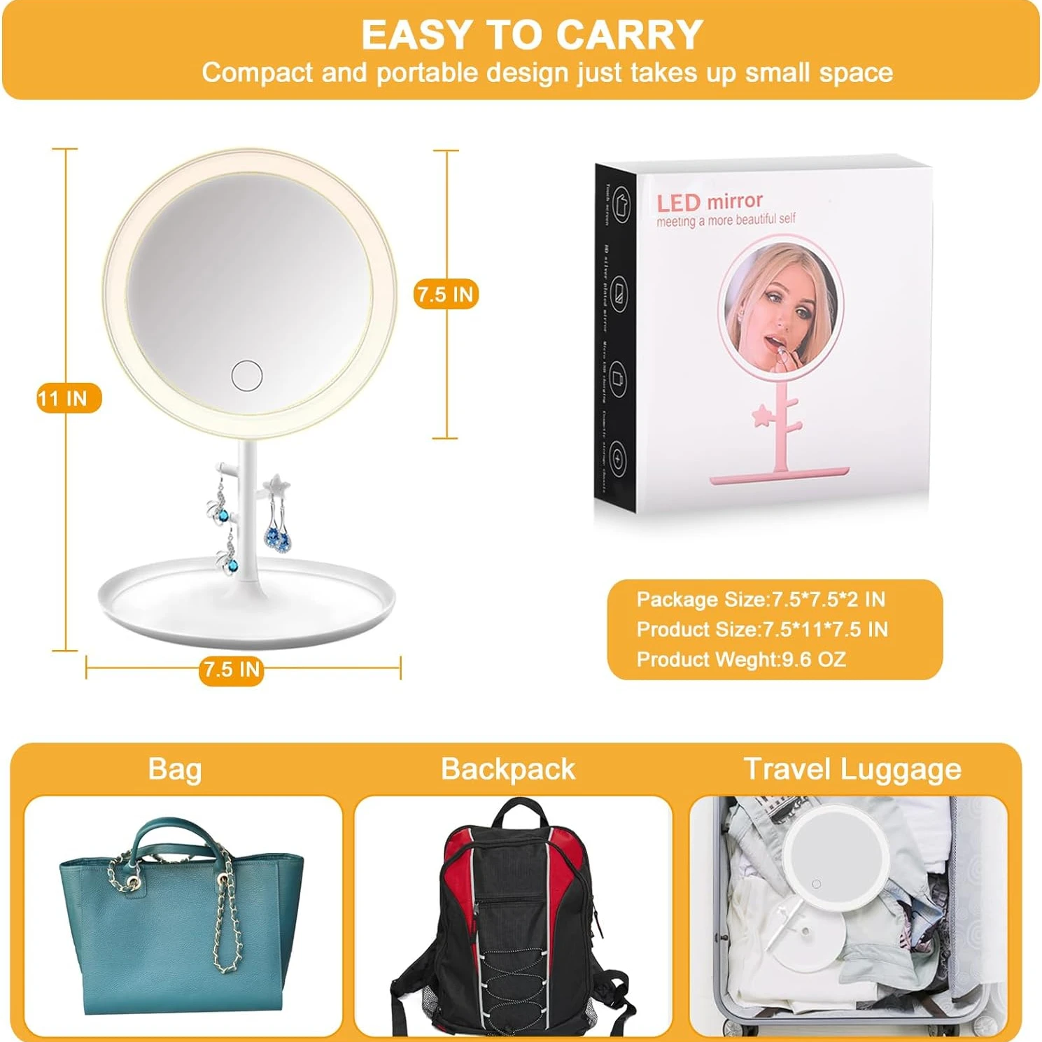 LED Makeup Mirror With 3 Color Lights - Rechargeable, Touch Sensor, Magnifying, 45° Adjustable For Bathroom & Travel - View #8