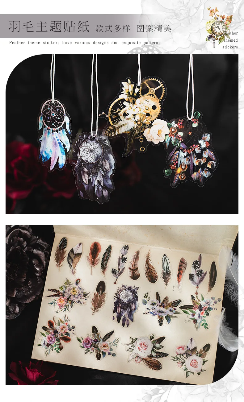 40Pcs Diary Sticker Scrapbooking  Feather Books Planner Japanese Junk Journal Kawaii Decorative Stationery Craft Sticker
