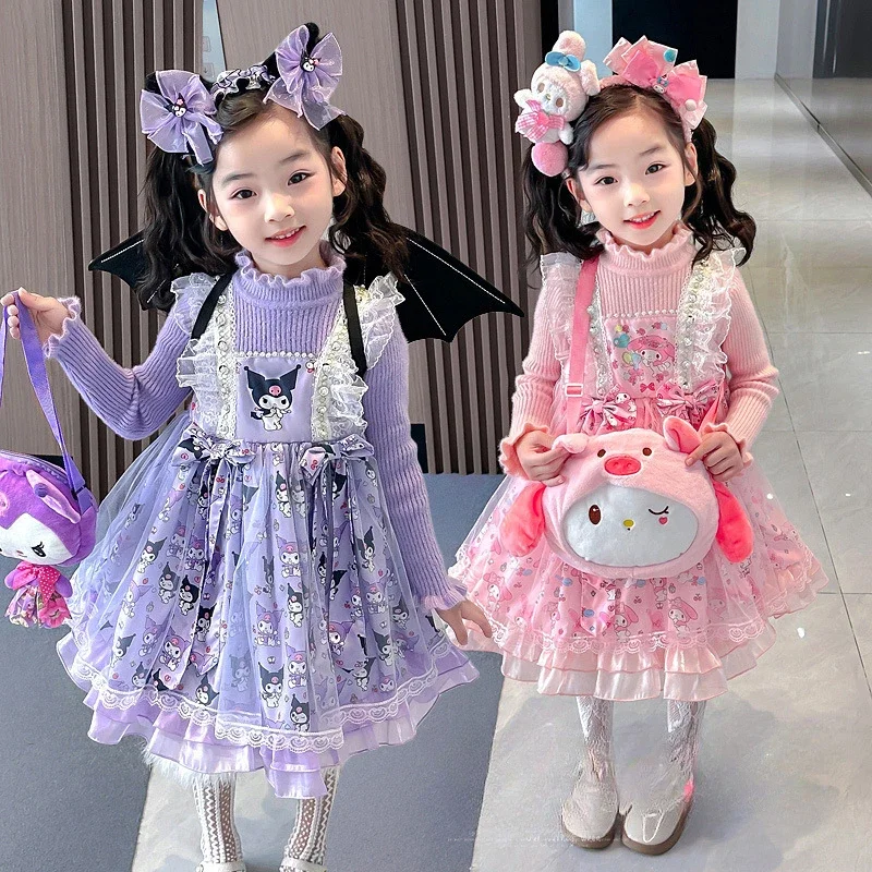 

Kawaii Sanrio My Melody Lolita Girls Dress Children's Clothes Kuromi New Anime Plus Velvet with Bag Princess Party Dresses Gift