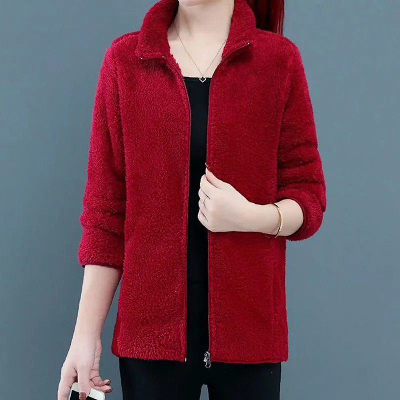 Double Sided Fleece Coat Women's Short Solid Color Coral Wool Winter New Plush Thickened Top Slim Stand Collar Pockets Commute