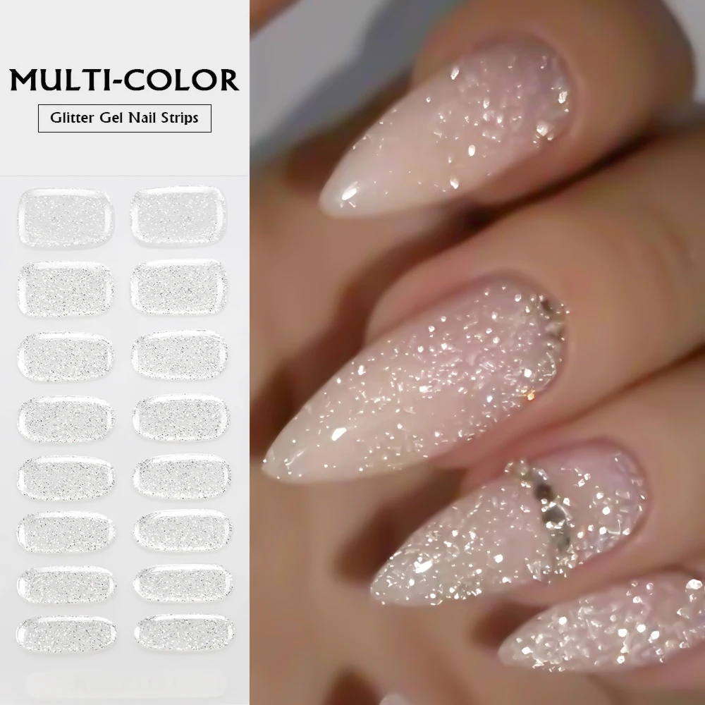 1장(16팁) 솔리드 컬러 글리터 네일 폴리쉬 스트립 세트 화이트 골드 핑크 스파..