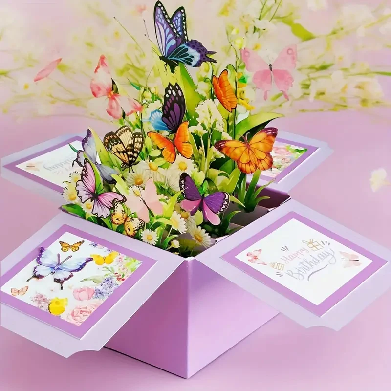 3D 팝업 생일 카드 - 어떤 사람에게나 적합한 꽃과 나비 디자인 - 손글씨 메모 기능, 종이 재질