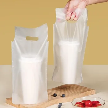 100 Pack Portable 1-Cup Drink Carrier - Clear Plastic Cup Holder w/Handle for Coffee/Tea/Juice, Take Out Bags for Restaurants 1