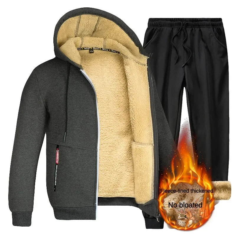 Sets Mens Autumn Winter Hooded Casual Sportswear Sweatpants New Running Pants Style Thickened cotton jacket Male Two-Piece Suit