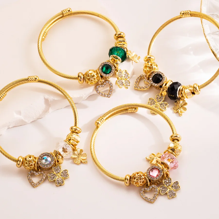 

Heart Flower Crystals Stainless Steel Charm Bangles Bracelets for Women Gold Plated Charm Beads Fashion Jewelry