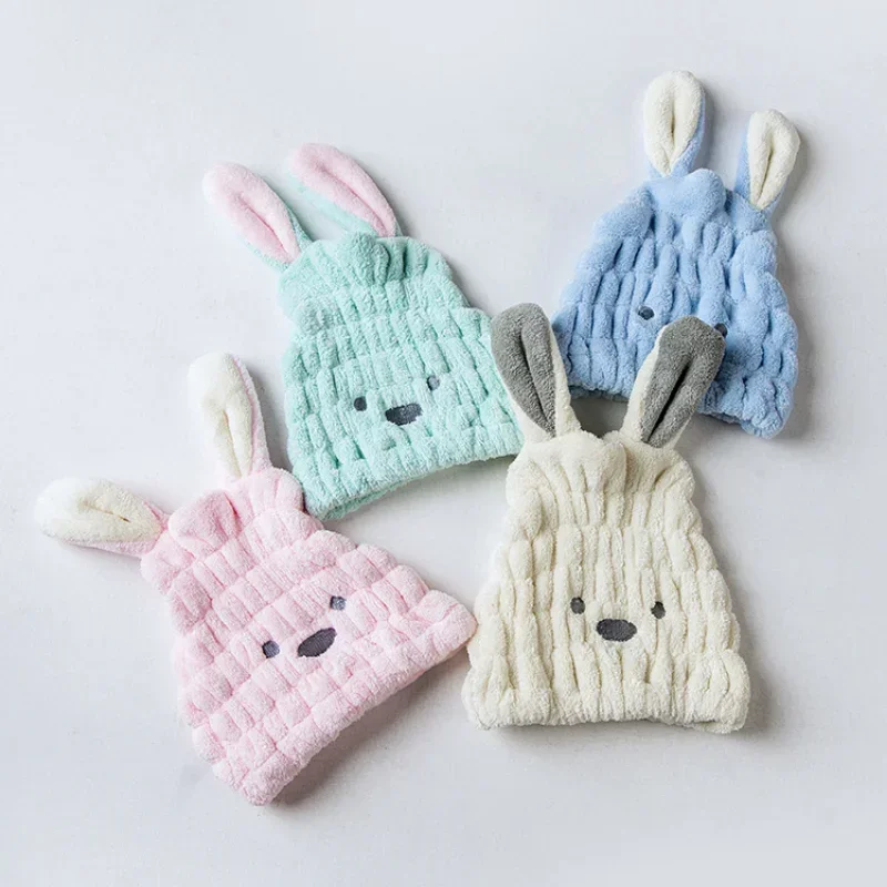 Long Ears Rabbit Hats Thick Coral Fleece Hair Drying Caps for Kids Shower Strong Absorbing Bathroom Supplies