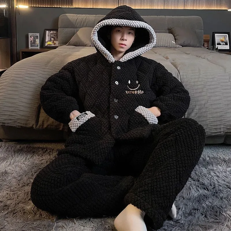 Men Pajamas Coral Velvet Autumn Winter Pyjamas Three Layers Laminated Cotton Thickened Home Wear Set Simple Large Size Sleepwear