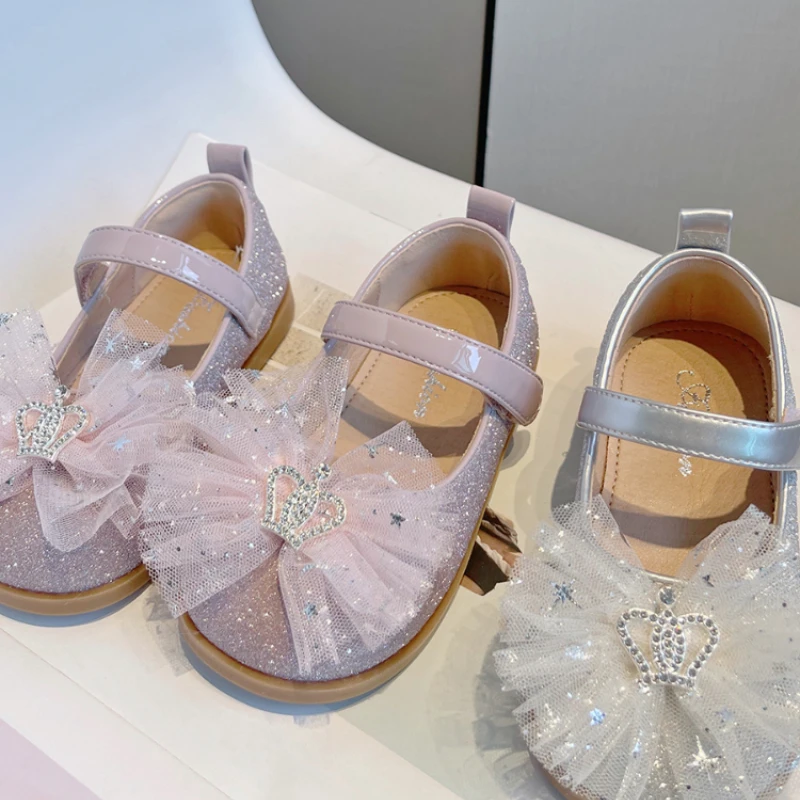 

Baby Girls Toddler Kids Glitter Rhinestone Bow Princess Girls Party Wedding Flats Children Mary Jane Student Performance Shoes