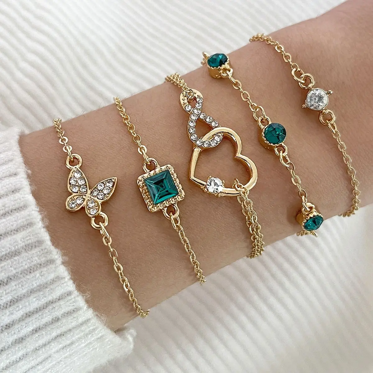 5Pcs Fashion Green Crystal Bracelet Set For Women Butterfly Heart Charm Gold Silver Color Chain Bangle Female Trendy Jewelry - Image 2