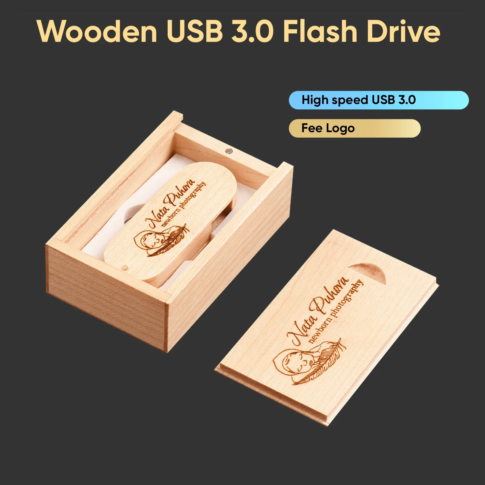 JASTER 무료 커스텀 로고 나무 USB 3.0 박스 펜 드라이브, 8GB, 16GB, 32GB, 64GB, USB 플래시 드라이브, 사진 결혼 선물 펜드라이브, 1 개