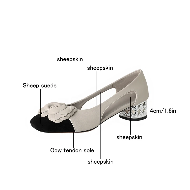 Women's New Spring/Summer Genuine Leather Square Toe Flower Breathable Hollow Middle Heel Color Blocked Single Shoe
