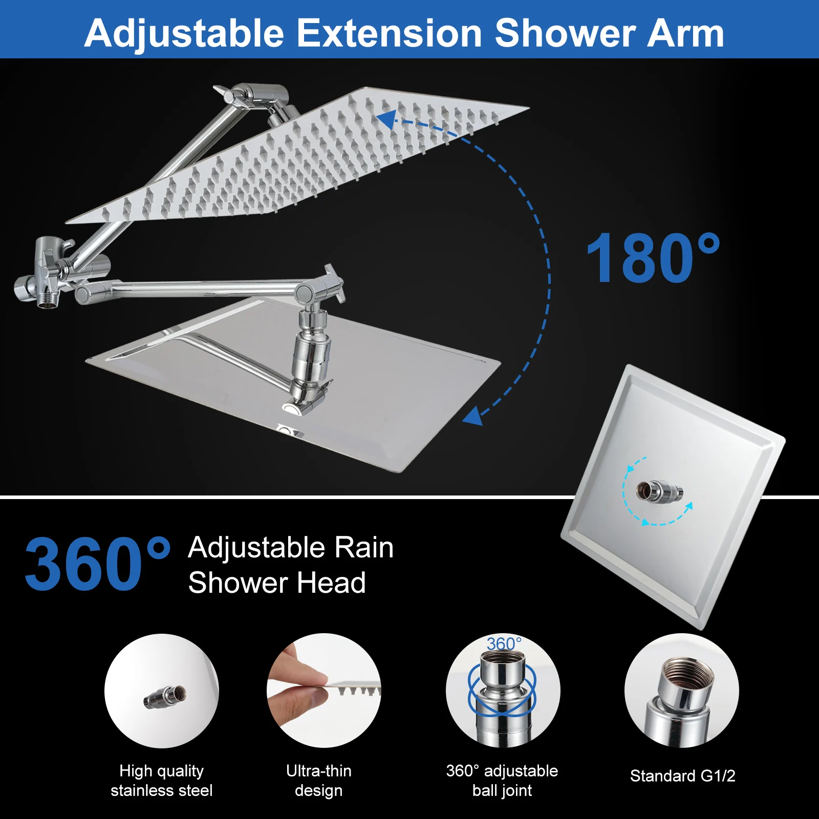 2-IN-1 Bathroom Shower Combo High Pressure Rainfall Shower Head with Extension Arm Handheld Shower Head with Wall Bracket Hose 5