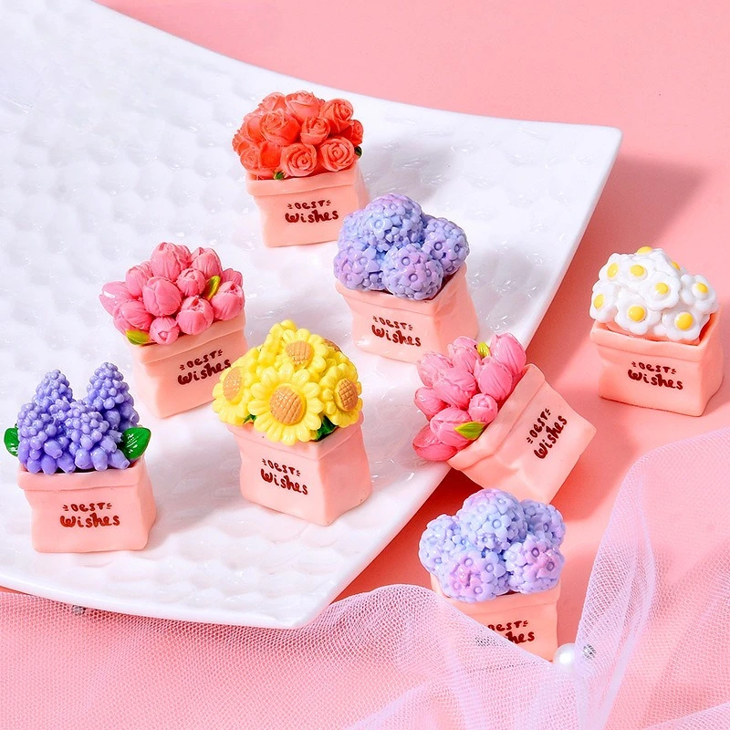 Miniature Flower Pot and Sunflower Rose Resin Ornaments - Decorative Cream Accessories