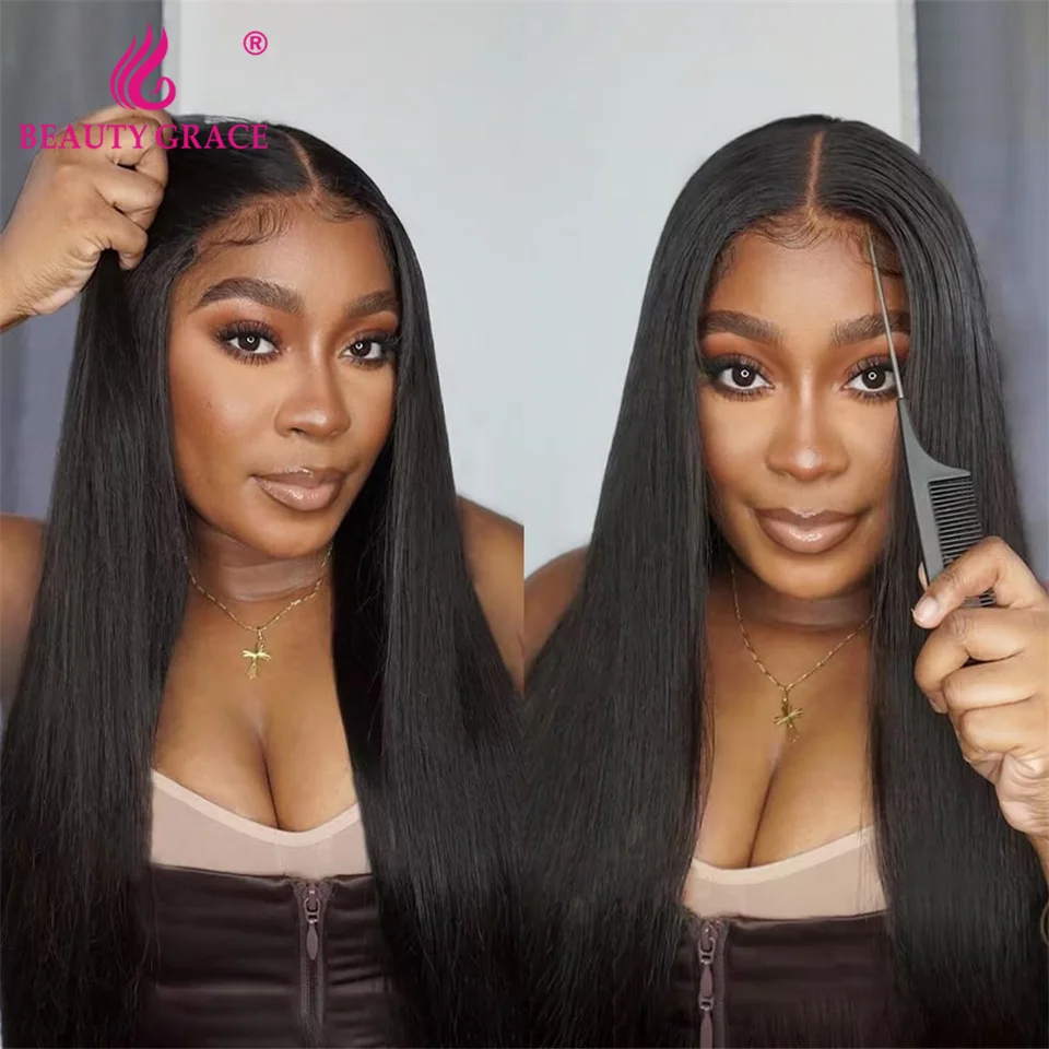 

32 30 Inch HD 4x4 5x5 Staight Lace Closure Ready To Wear Wig Transparent Glueless Bleached KnotsHuman Hair Wig Beauty Grace