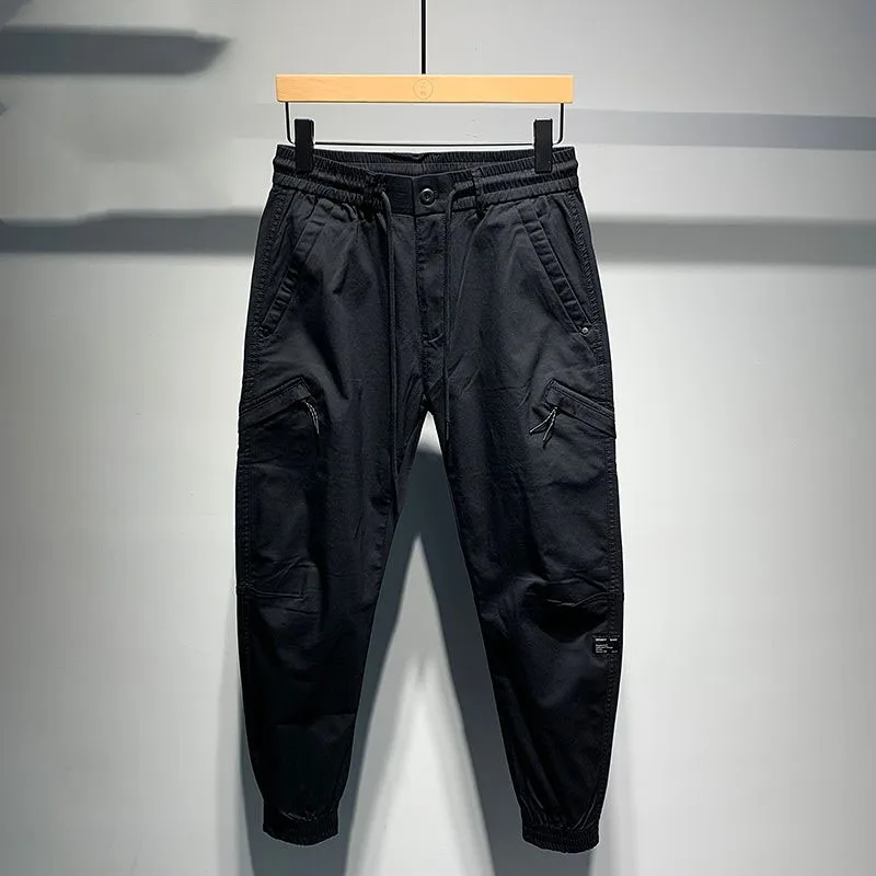 New Spring and Autumn Korean Edition Fashion Light Luxury Splicing Drawstring Workwear Tie Feet Versatile Handsome Men's Pants