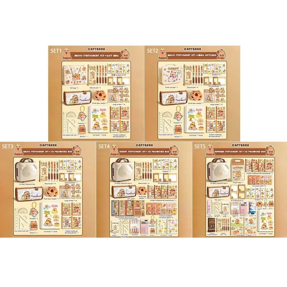 Kawaii Capybara Stationery Set Notebook Stickers Ruler Gel Pens Pen Case Back-to-School Supplies Cute Durable cartoon stickers pencil case stationery gift box stationery set gel pen pencil school supplies pen pencil case stationery ruler note book