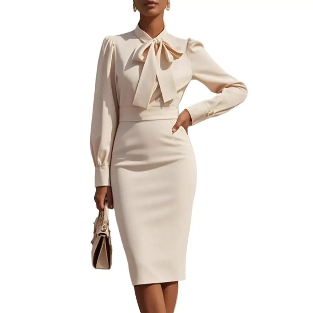 Elegant Women Midi Dress with Long Lantern Sleeves for Office Party