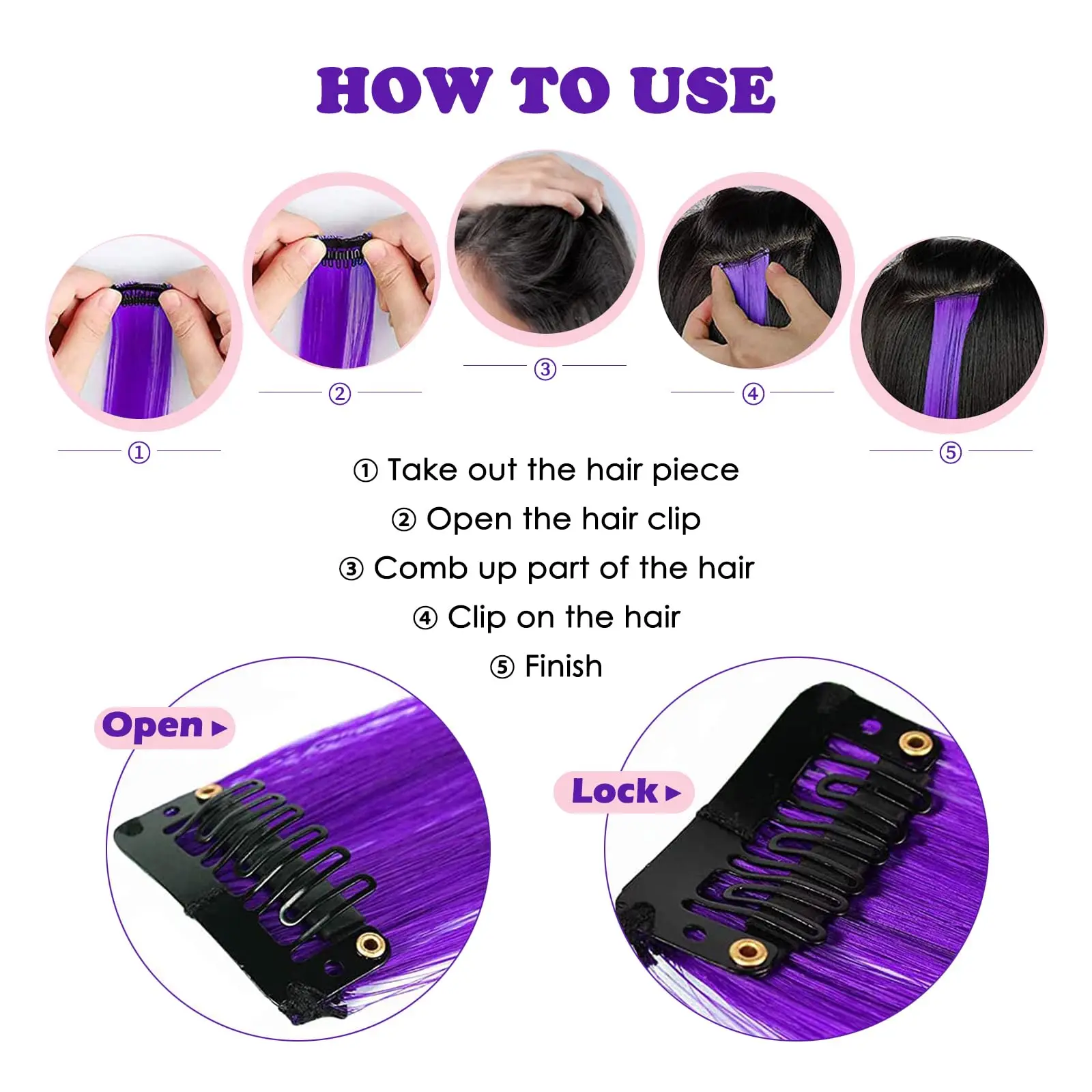 Vibrant Purple Synthetic Clip-In Hair Extensions - 24 Fashion Party Accessory Set
