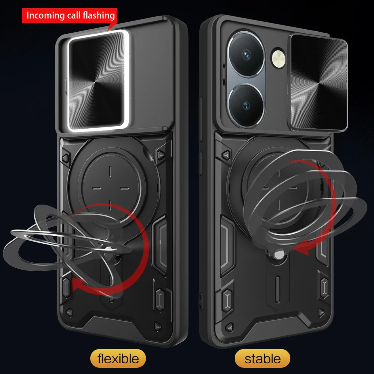Enhanced Slide Camera Lens Case with Armor Hybrid Metal Ring Back Cover