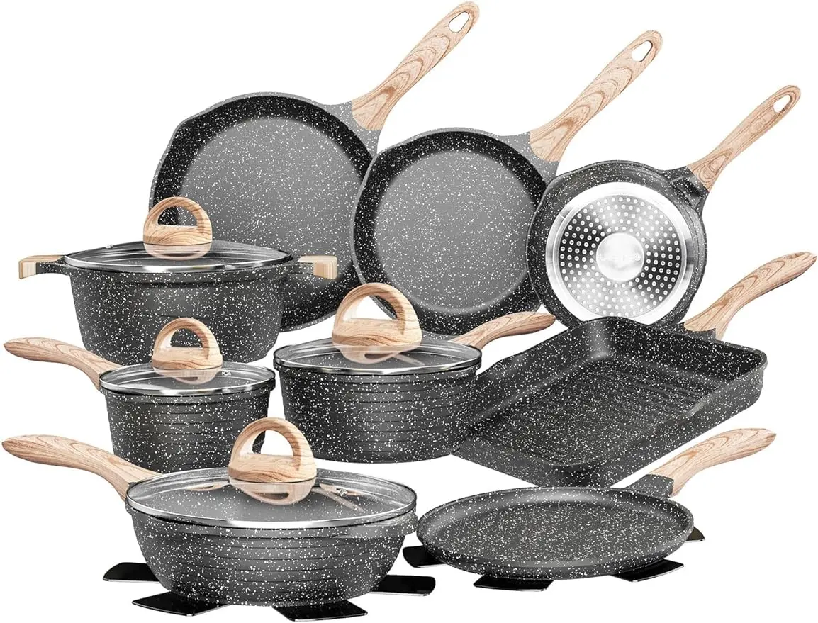 

JEETEE Pots and Pans Set Nonstick 23pcs, Healthy Kitchen Cookware Sets, Induction Cooking Set W/Gray Granite Stone