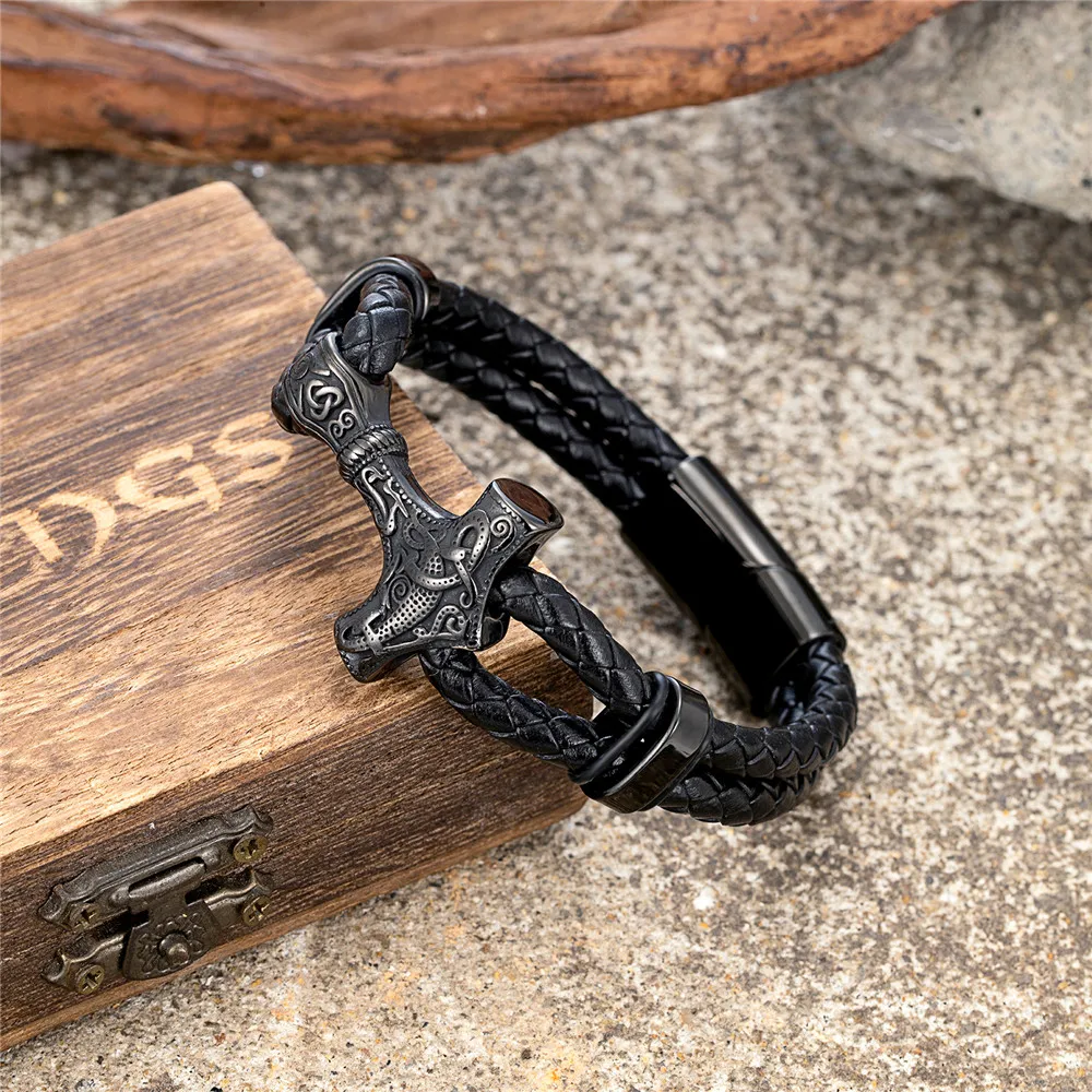 MKENDN Gothic Punk Mens Black Leather Braided Wristband with Thor's Hammer Pendant Leather Cuff Wristband Stainless Steel Buckle