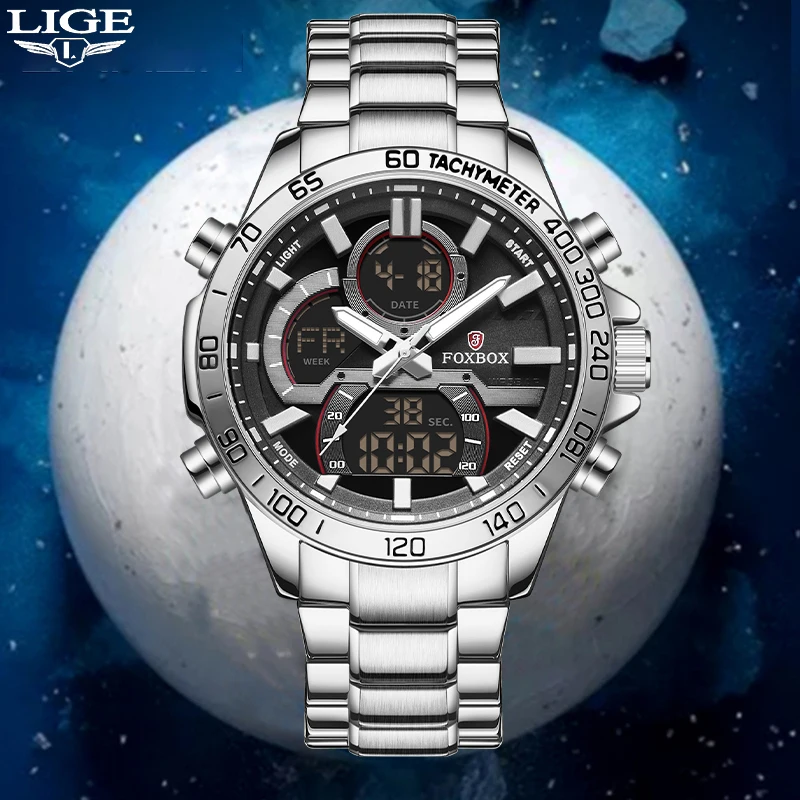 LIGE New Men Casual Analog Digital Watch Steel Band Waterproof Chronograph Luminous Dual Display Quartz Clock Relogio Masculino original baofeng dr 1801 dual band dmr digital analog walkie talkie tier 1