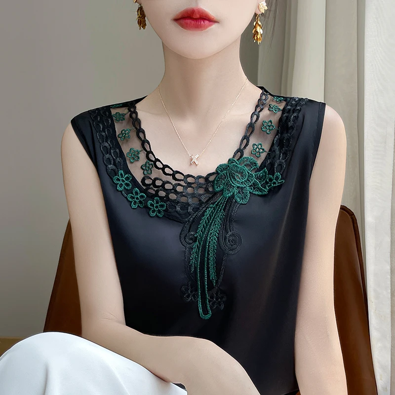 여성용 레이스 스티칭 조끼, 라운드넥, 루즈한 국풍 민소매 티셔츠, 보터밍 재킷, 한국 버전, 여름 