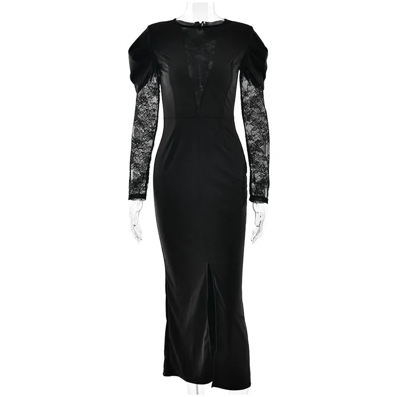 Sexy V-ausschnitt Spitze Patchwork Schlitz Langes Kleid Frauen Solide Volle Hülse Hohe Taille Schlank Perspektive Roben Dame Abend Party Kleider – Detail 9