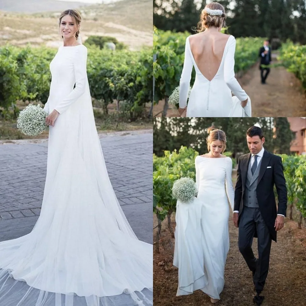 

2019 Modest Long Sleeves cheap Sheath vestido de noiva Bohemia Wedding Dresses Backless Wedding dress Bridal Gowns With Buttons