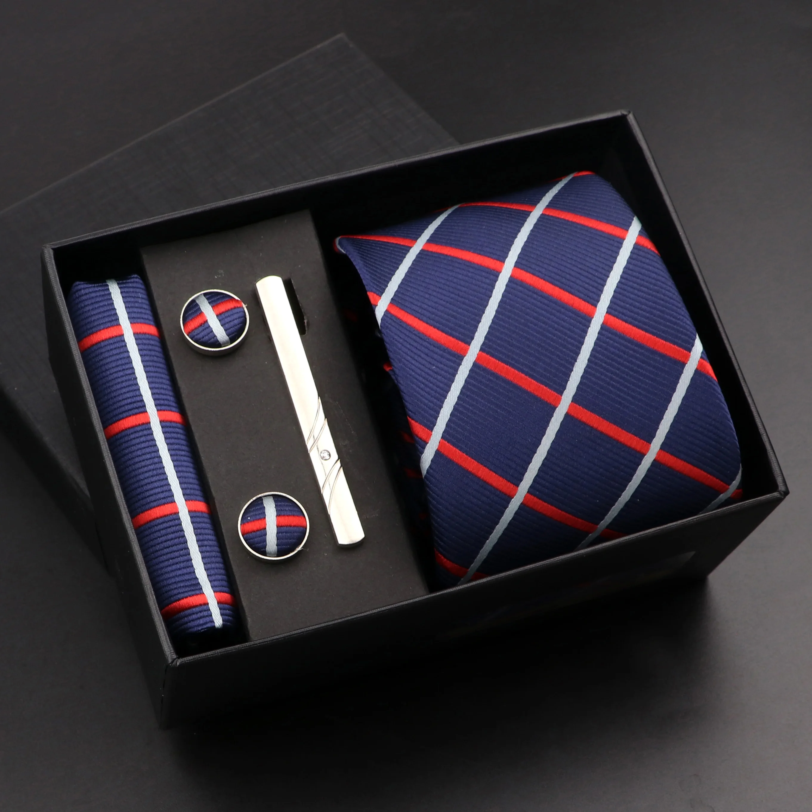 

2023 Fashion 7cm Tie Handkerchief Cufflink Set For Men Necktie Holiday Gift Box Plaid Dot Suit Accessories Slim Wedding Gravatas