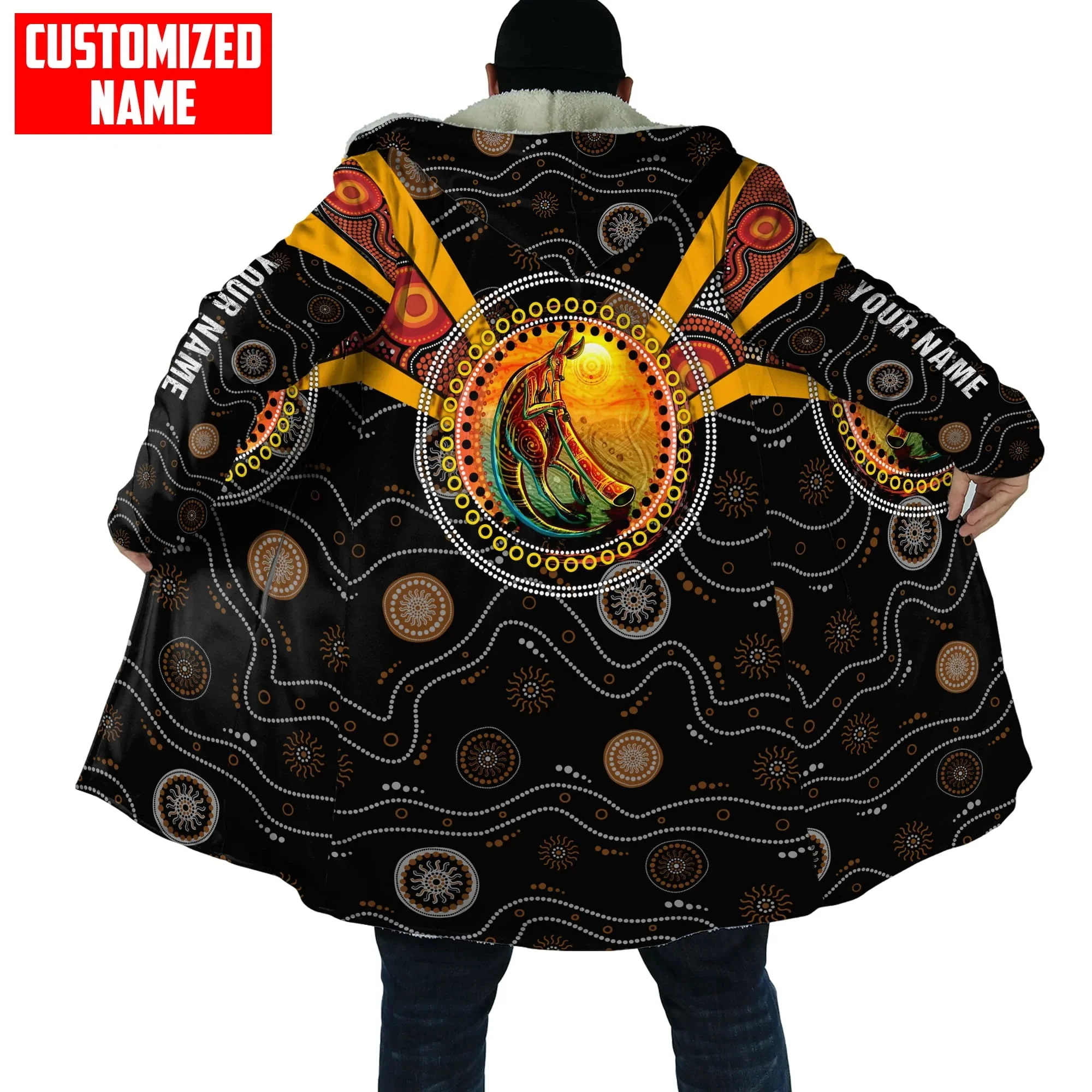 Aboriginal didgeridoo Adler-Flagge, individueller Name, 3D-gedruckter Kapuzenumhang, Unisex, Winter, Fleece, Windschutz, warmer Umhang PZY03 – Detail 6