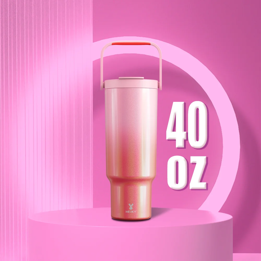 Meoky 컵 레드 핑크 그라디언트 커피 컵, 40oz, 1182oz, 누수 방지, 스테인리스 스틸 음료수 병, 34 시간 동안 아이스 및 온수 유지