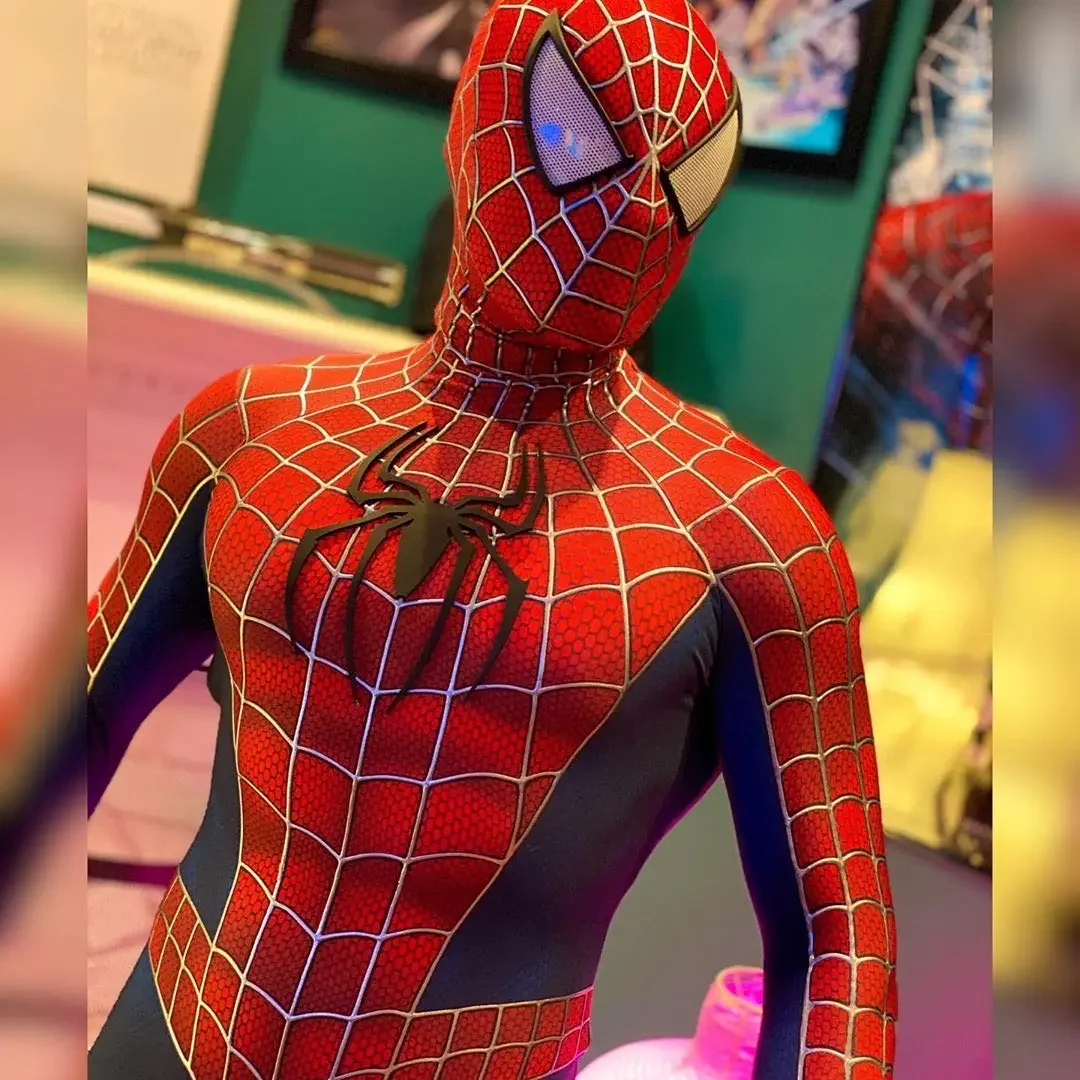 大人のためのスパイダーマンスーパーヒーローのコスプレコスチューム、マギアレミ、ツタ、3dロゴとパッド、スパンデックスのボディスーツ、ハロウィーンの偽装