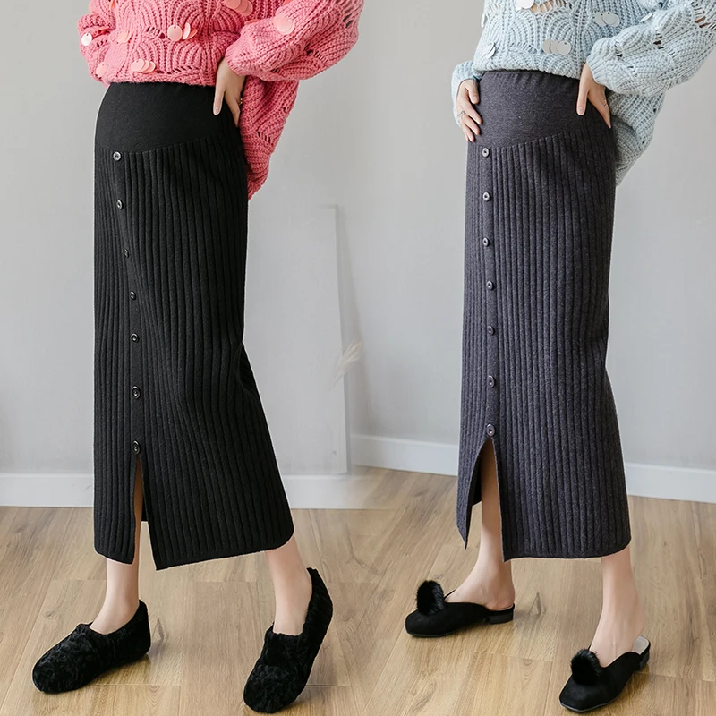 Autumn Maternity Clothes Slim Hip Pregnant Women Long Knit Skirts Adjustable Waist Pencil Skirt Button Fly Split Pregnancy Skirt