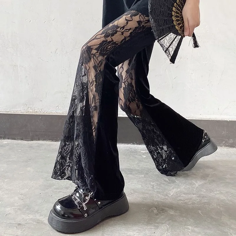 Deeptown Y2k Lace Sexy Sheer Pants Women Sexy Coquette Vintage Goth Korean Fashion Black Trouser High Waist Streetwear Aesthetic