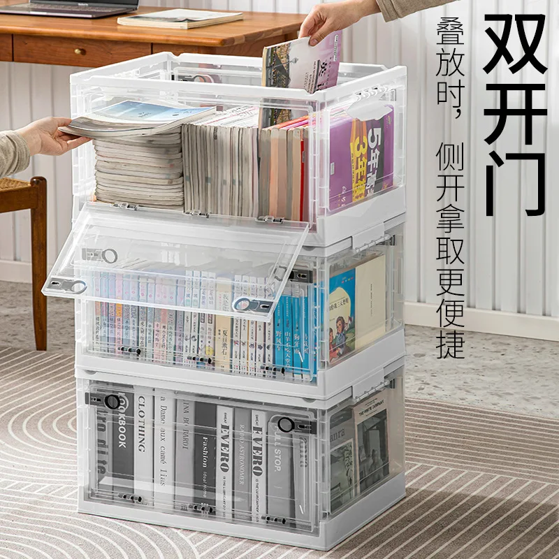 

Transparent Storage Box Three-door Student Dormitory Classroom Organization Foldable Book Box with Wheels