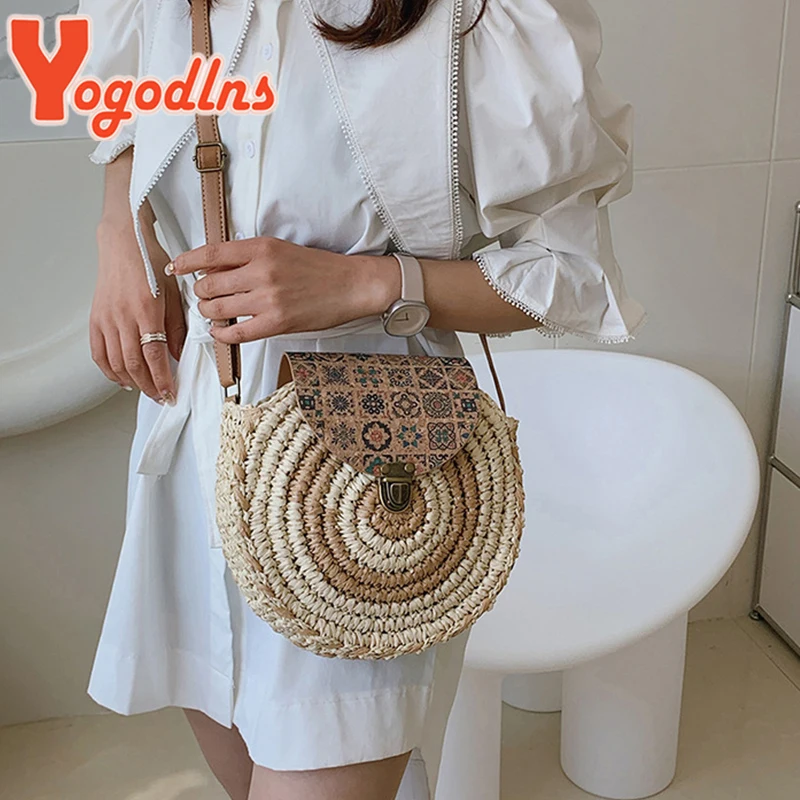 Round Straw Beach Bag Vintage Handmade Woven Shoulder Bags Raffia Circle Rattan Bohemian Summer Vacation Diagonal Pack