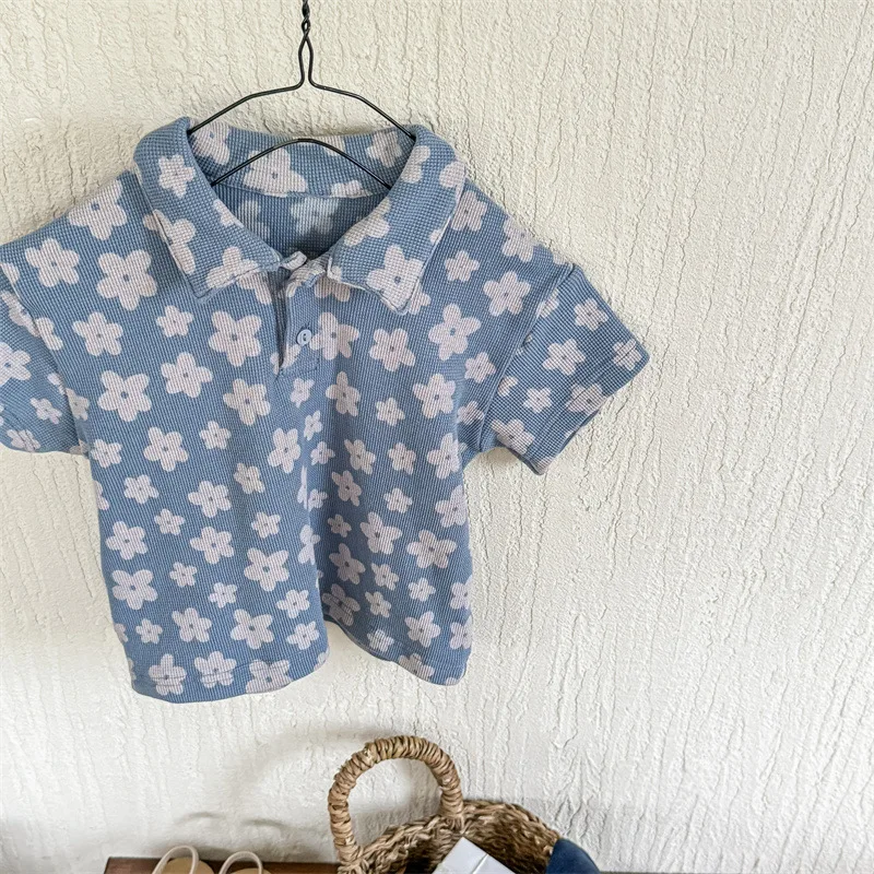 

Summer Flower Print Children's T-Shirt 2024 Korean Baby Girls Short Sleeve Tshirt Boys Polo Shirts 1-6Year Fashion Kids Tees Top