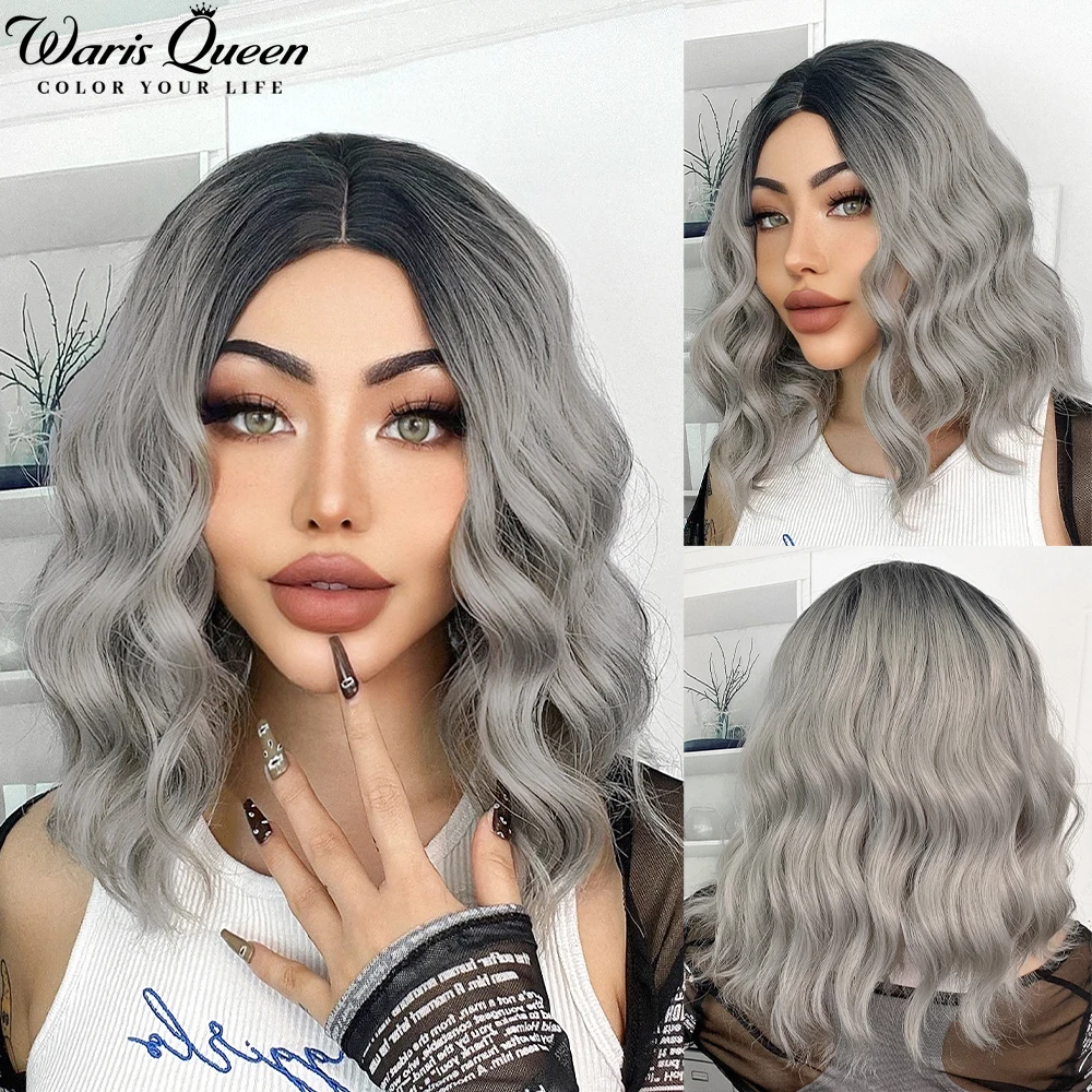 

Short Wavy Black Ombre Gray Hair Natural Synthetic Wigs For Women With Bangs Heat Resistant Cosplay Lolita Body Wave Fibre Wig
