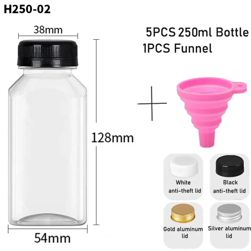 5-Pack Reusable Clear Plastic Bottles with Caps and Folding Funnel for DIY Juicing and Smoothies
